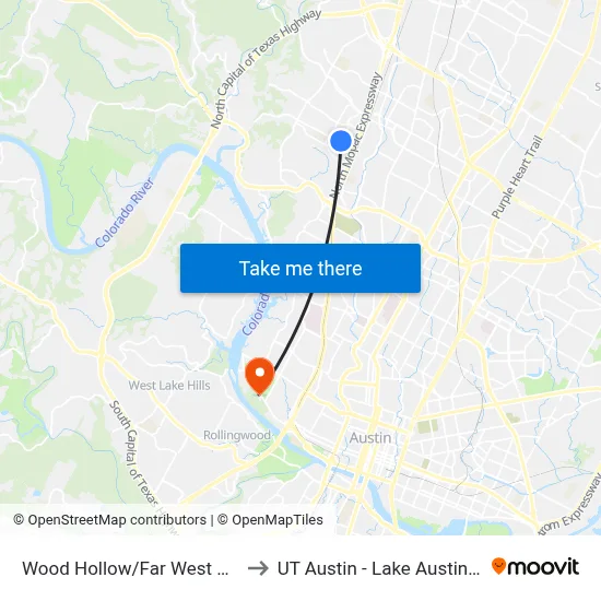 Wood Hollow/Far West NE Corner to UT Austin - Lake Austin Campus map