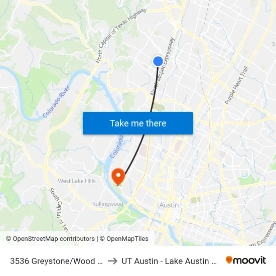 3536 Greystone/Wood Hollow to UT Austin - Lake Austin Campus map