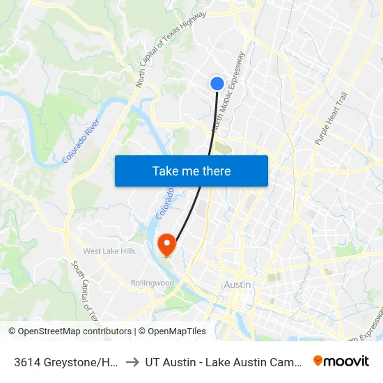 3614 Greystone/Hart to UT Austin - Lake Austin Campus map