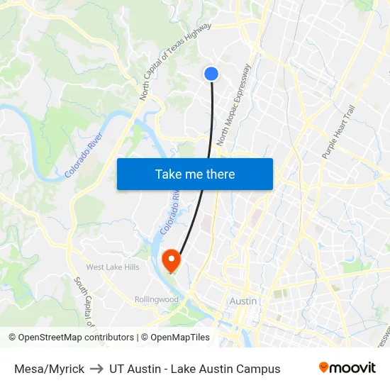 Mesa/Myrick to UT Austin - Lake Austin Campus map