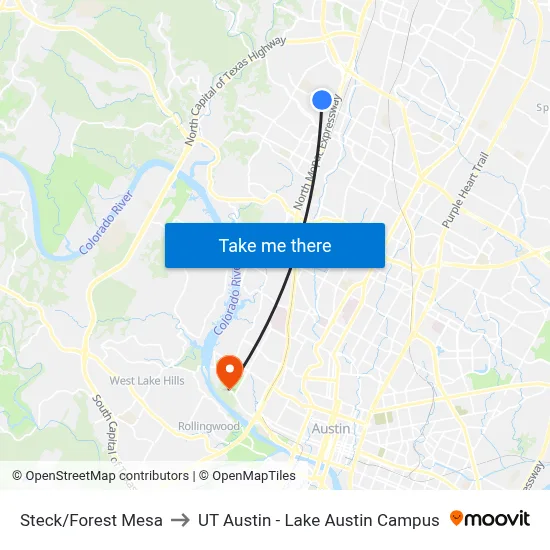Steck/Forest Mesa to UT Austin - Lake Austin Campus map