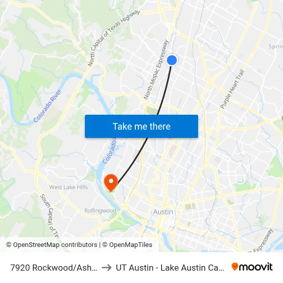 7920 Rockwood/Ashdale to UT Austin - Lake Austin Campus map