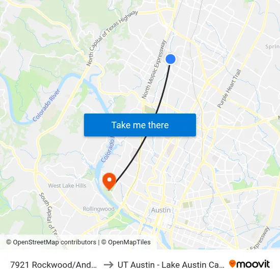 7921 Rockwood/Anderson to UT Austin - Lake Austin Campus map