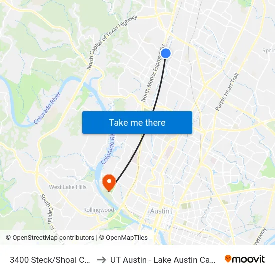 3400 Steck/Shoal Creek to UT Austin - Lake Austin Campus map