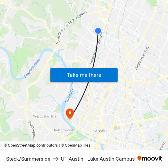 Steck/Summerside to UT Austin - Lake Austin Campus map