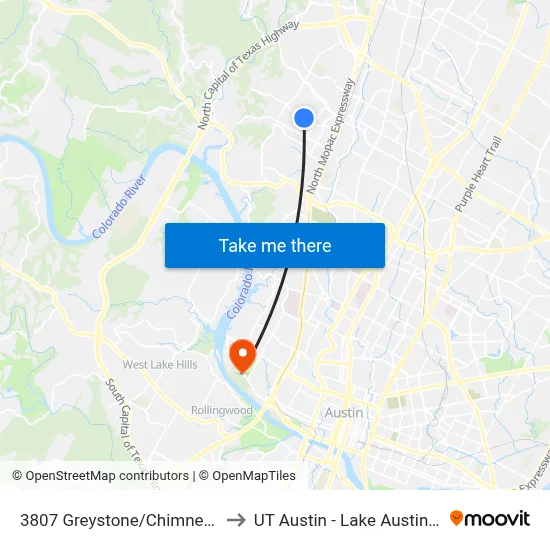 3807 Greystone/Chimney Corners to UT Austin - Lake Austin Campus map