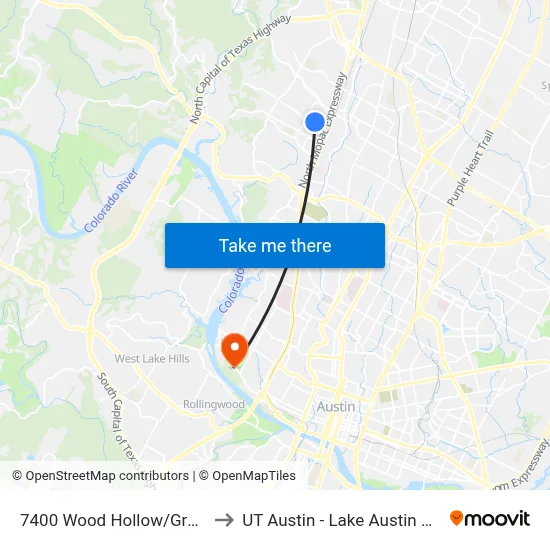 7400 Wood Hollow/Greystone to UT Austin - Lake Austin Campus map