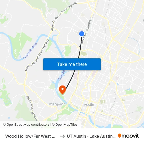 Wood Hollow/Far West NW Corner to UT Austin - Lake Austin Campus map