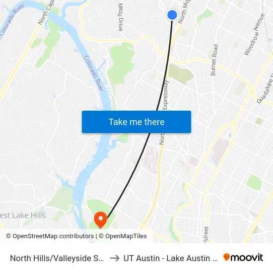 North Hills/Valleyside SE Corner to UT Austin - Lake Austin Campus map