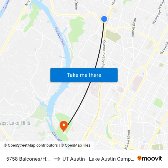 5758 Balcones/Hart to UT Austin - Lake Austin Campus map