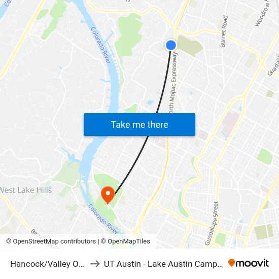 Hancock/Valley Oak to UT Austin - Lake Austin Campus map