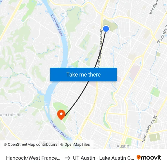 Hancock/West Frances Place to UT Austin - Lake Austin Campus map