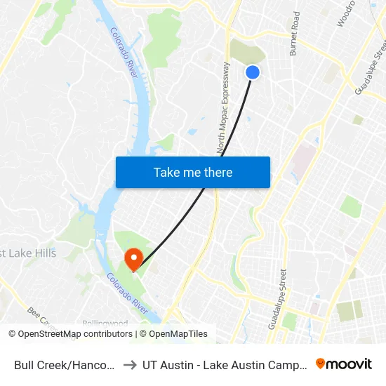Bull Creek/Hancock to UT Austin - Lake Austin Campus map