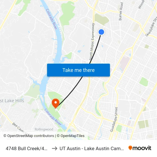4748 Bull Creek/49th to UT Austin - Lake Austin Campus map