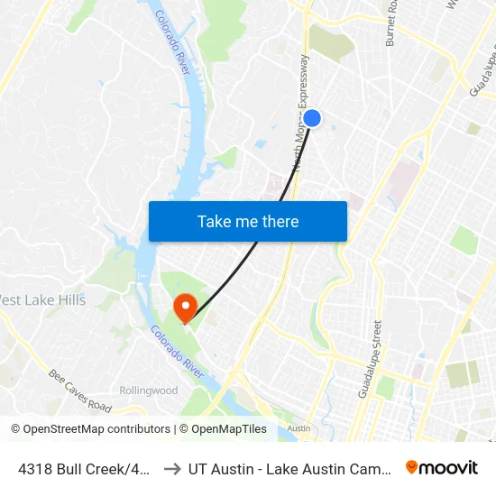 4318 Bull Creek/44th to UT Austin - Lake Austin Campus map