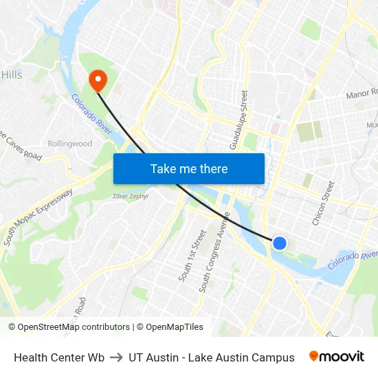 Health Center Wb to UT Austin - Lake Austin Campus map