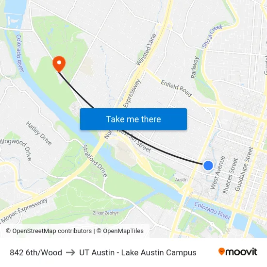 842 6th/Wood to UT Austin - Lake Austin Campus map