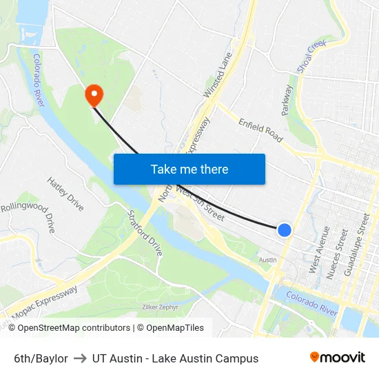 6th/Baylor to UT Austin - Lake Austin Campus map