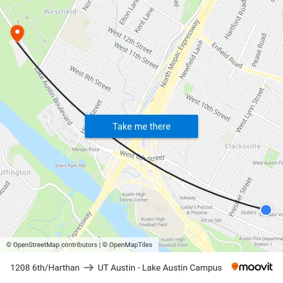 1208 6th/Harthan to UT Austin - Lake Austin Campus map