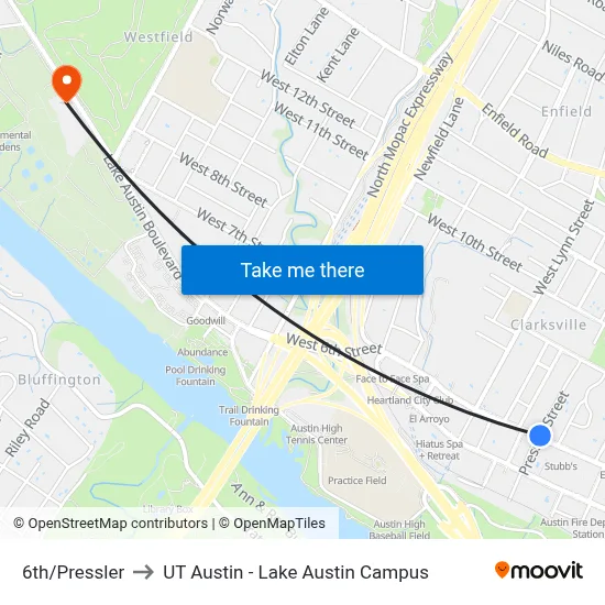 6th/Pressler to UT Austin - Lake Austin Campus map