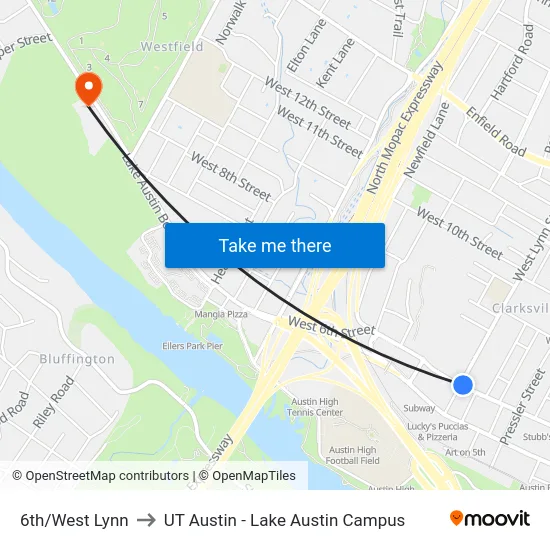 6th/West Lynn to UT Austin - Lake Austin Campus map