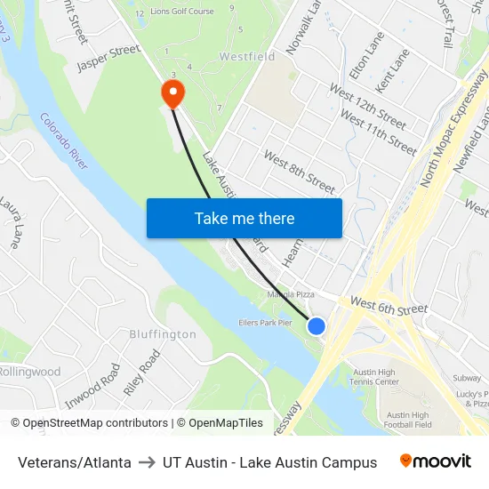 Veterans/Atlanta to UT Austin - Lake Austin Campus map