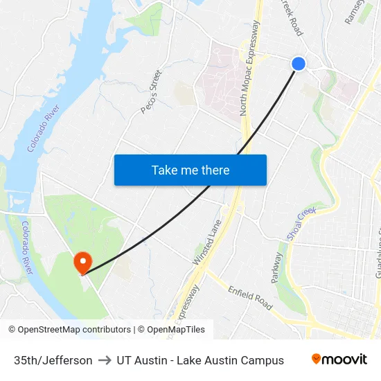 35th/Jefferson to UT Austin - Lake Austin Campus map