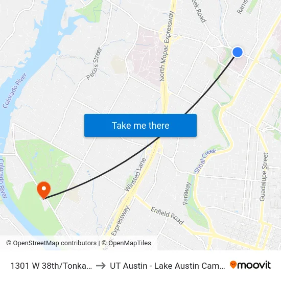 1301 W 38th/Tonkawa to UT Austin - Lake Austin Campus map