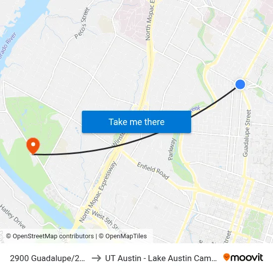 2900 Guadalupe/29th to UT Austin - Lake Austin Campus map