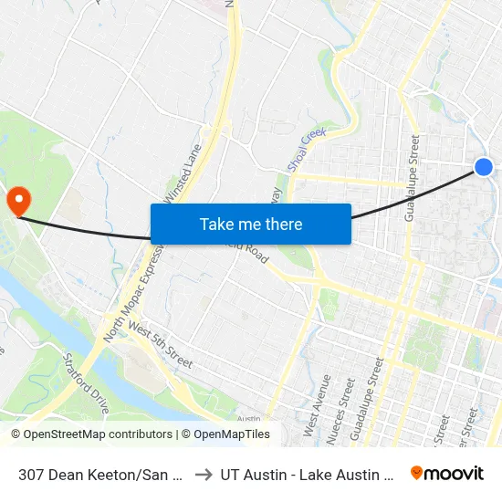 307 Dean Keeton/San Jacinto to UT Austin - Lake Austin Campus map