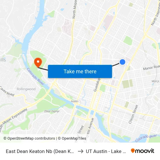 East Dean Keaton Nb (Dean Keeton/Robert Dedman) to UT Austin - Lake Austin Campus map