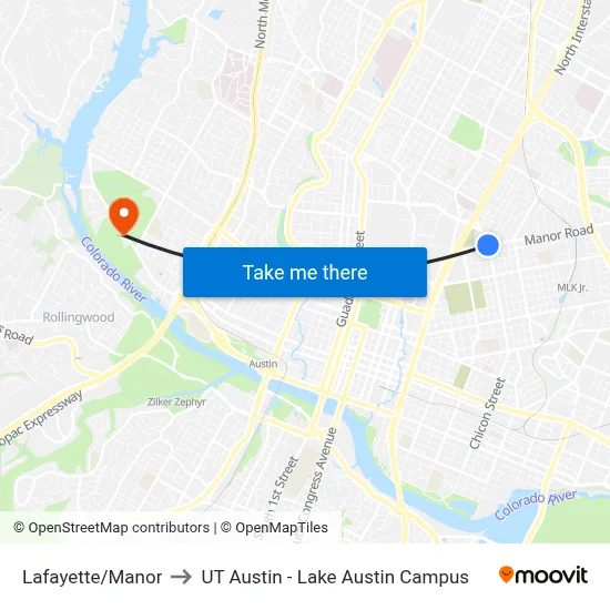 Lafayette/Manor to UT Austin - Lake Austin Campus map