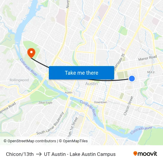 Chicon/13th to UT Austin - Lake Austin Campus map