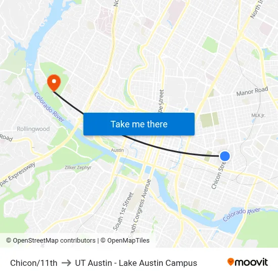 Chicon/11th to UT Austin - Lake Austin Campus map