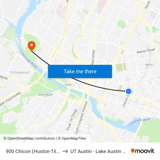 900 Chicon (Huston-Tillotson) to UT Austin - Lake Austin Campus map