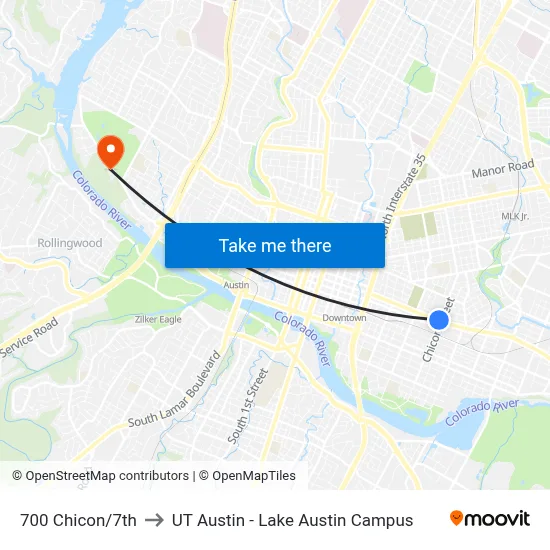 700 Chicon/7th to UT Austin - Lake Austin Campus map