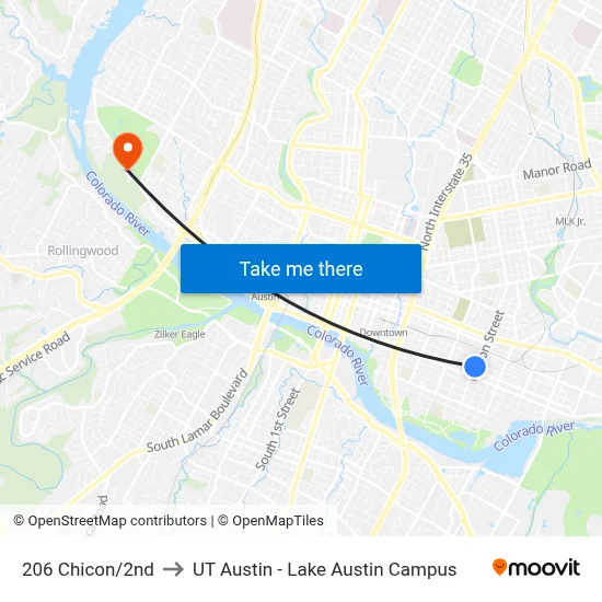 206 Chicon/2nd to UT Austin - Lake Austin Campus map