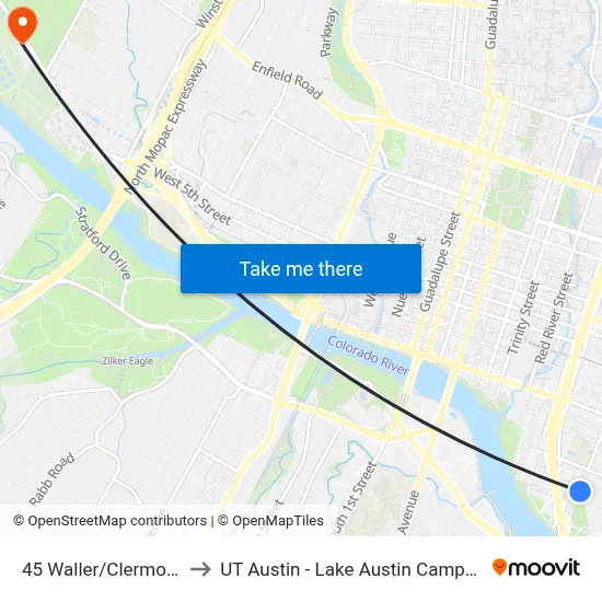 45 Waller/Clermont to UT Austin - Lake Austin Campus map
