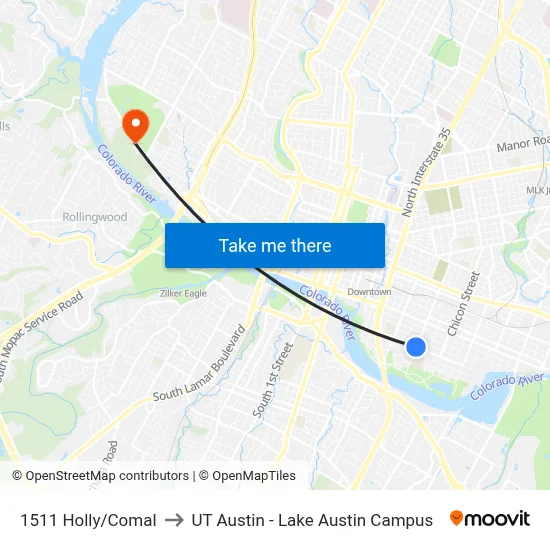 1511 Holly/Comal to UT Austin - Lake Austin Campus map