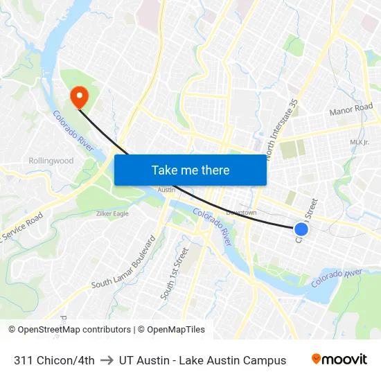 311 Chicon/4th to UT Austin - Lake Austin Campus map
