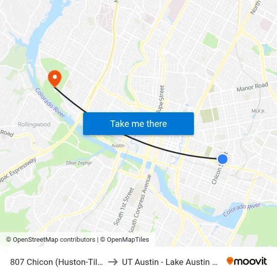 807 Chicon (Huston-Tillotson) to UT Austin - Lake Austin Campus map