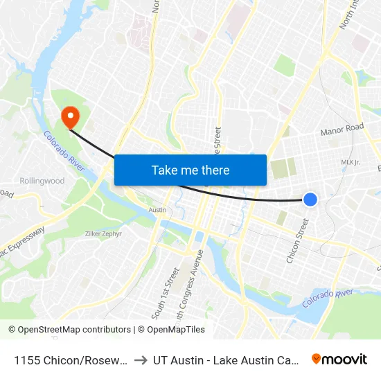 1155 Chicon/Rosewood to UT Austin - Lake Austin Campus map