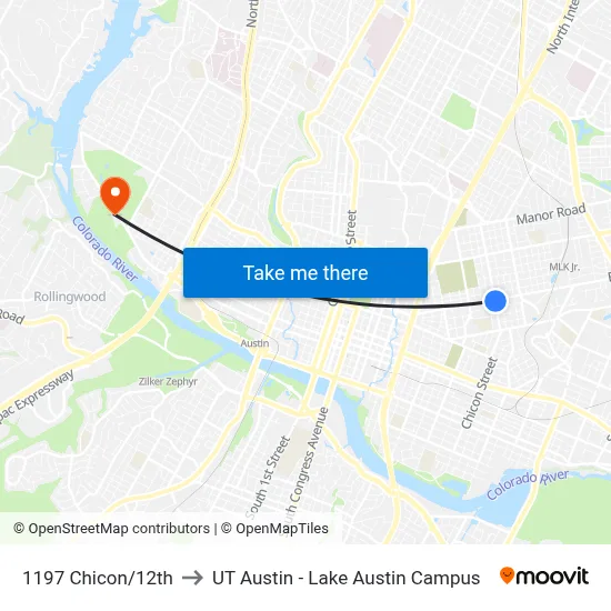 1197 Chicon/12th to UT Austin - Lake Austin Campus map