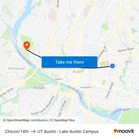 Chicon/14th to UT Austin - Lake Austin Campus map