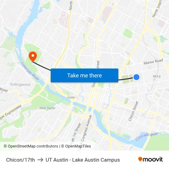 Chicon/17th to UT Austin - Lake Austin Campus map