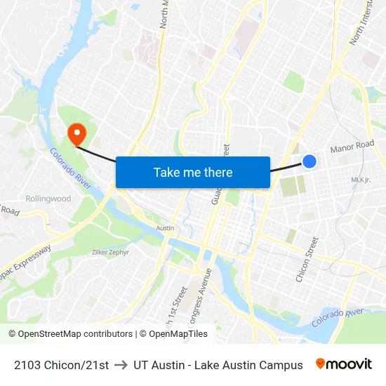 2103 Chicon/21st to UT Austin - Lake Austin Campus map