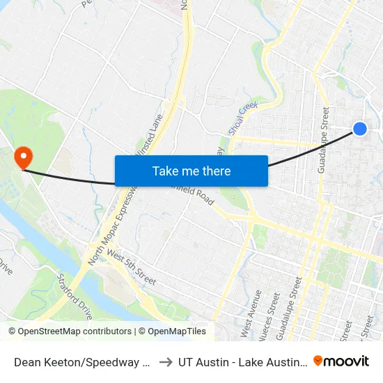 Dean Keeton/Speedway NE Corner to UT Austin - Lake Austin Campus map
