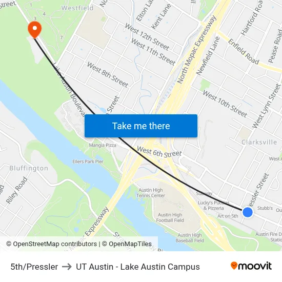 5th/Pressler to UT Austin - Lake Austin Campus map