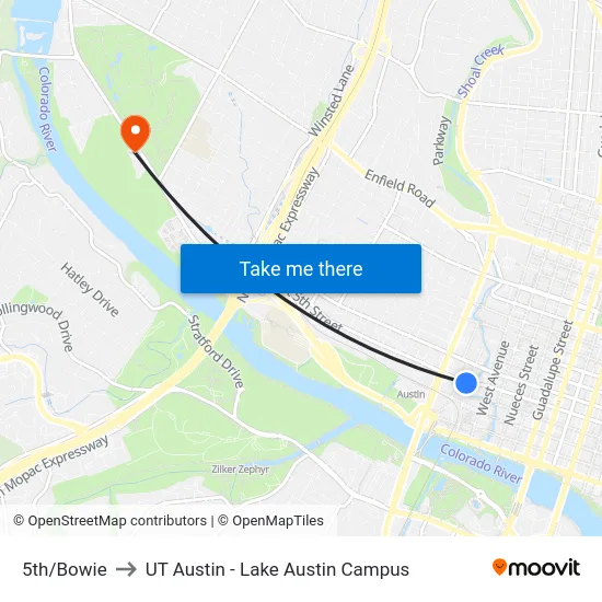 5th/Bowie to UT Austin - Lake Austin Campus map