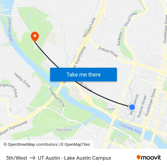 5th/West to UT Austin - Lake Austin Campus map